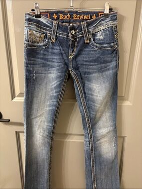 Rock Revival Vintage Christina Blue Faded Bootcut Jeans with Contrast Stitching